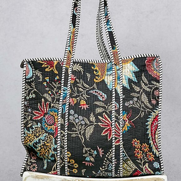 POL Black Kantha quilted patchwork floral embroidered XL boho tote bag - Picture 5 of 5